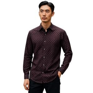 BAR III Men's Slim Black & Burgundy Geometric Button Front Dress Shirt - L